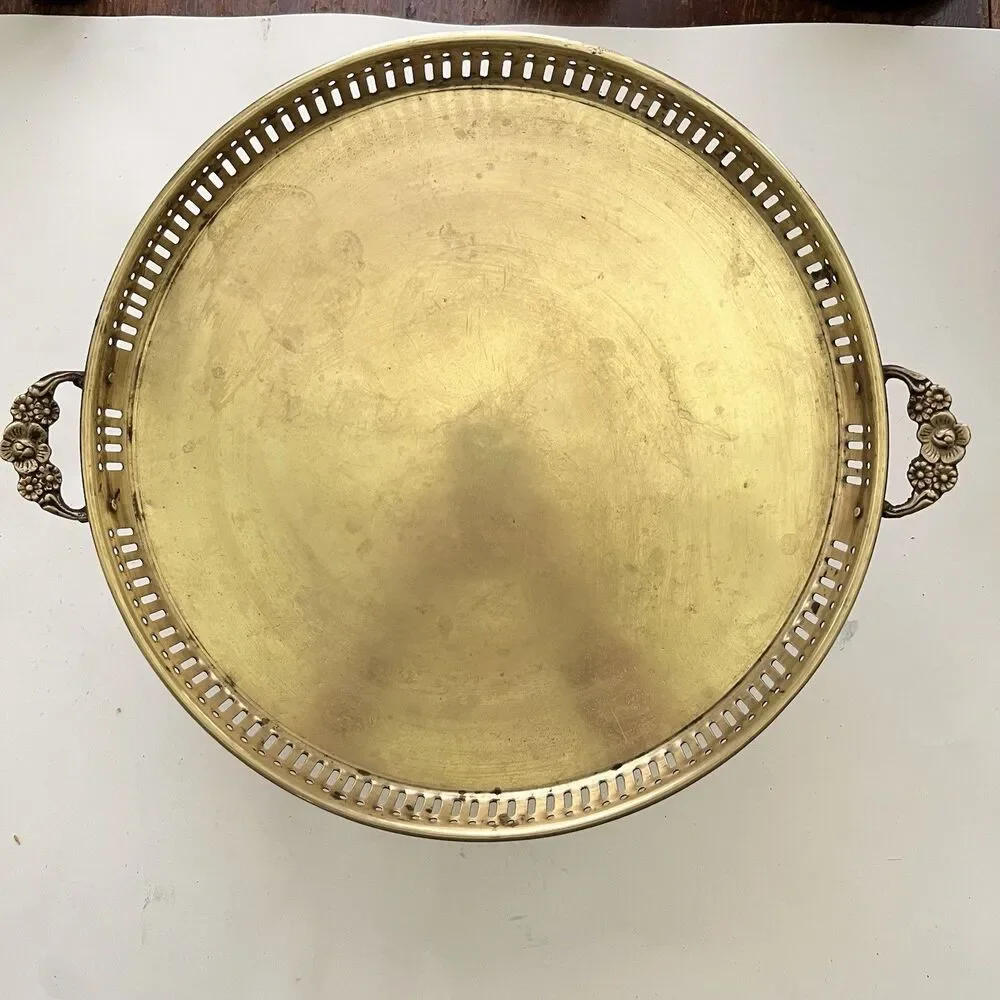 Vintage Brass Gallery Tray Round Ornate Dual Handles Made in India 11 Inch